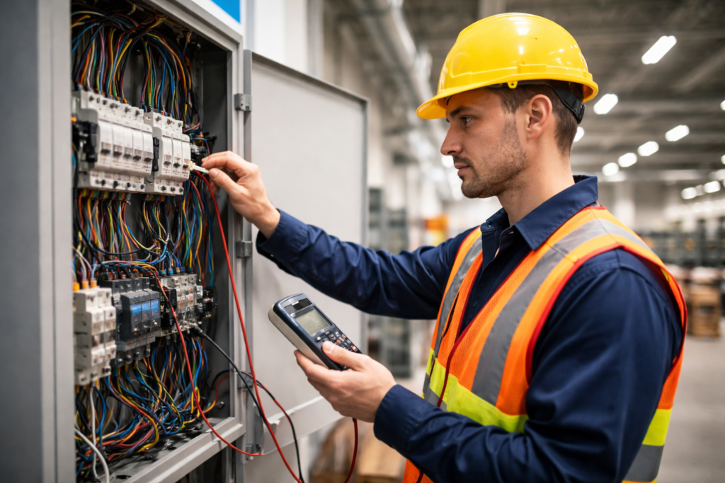 Commercial electrician inspecting an electrical panel inside a business facility to ensure safety and compliance.