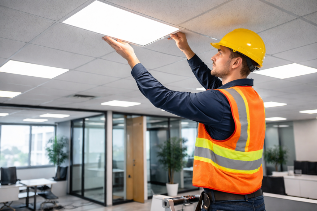 Commercial electrical technician installing energy-efficient lighting in a modern office space.