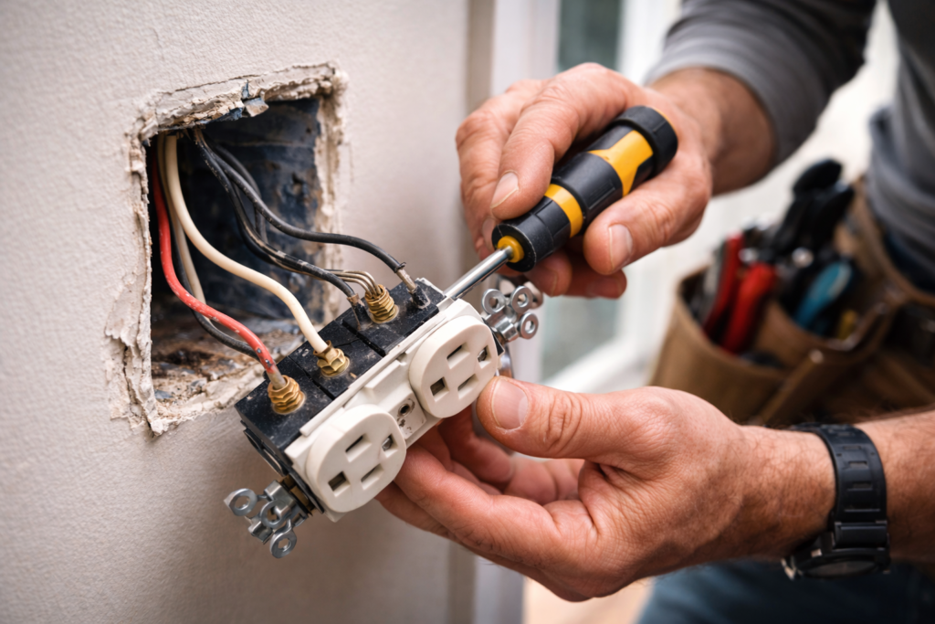 Electrician repairing a damaged wall outlet inside a residential home.