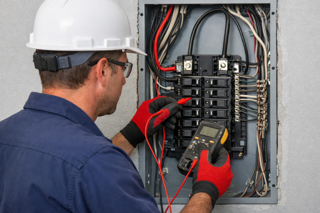 Licensed electrician inspecting a residential electrical breaker panel.