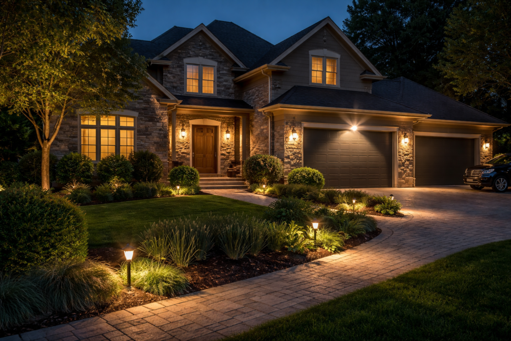 Professional outdoor lighting installation in Houston, TX, improving home security and visibility at night.