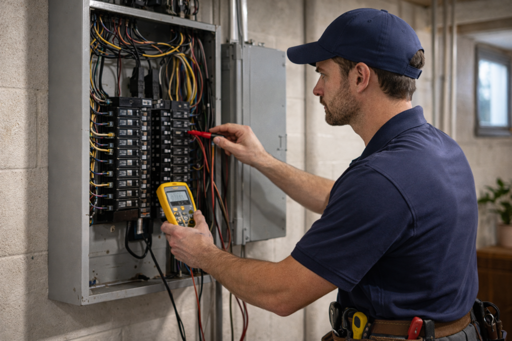 Licensed electrician conducting a professional electrical inspection to identify wiring issues in Houston, TX.