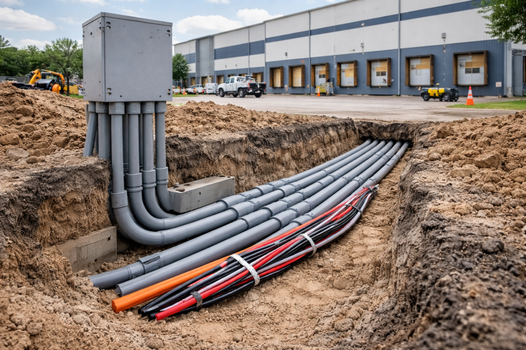 Commercial underground electrical system installation in Houston, TX supporting reliable power for a warehouse and light industrial facility.