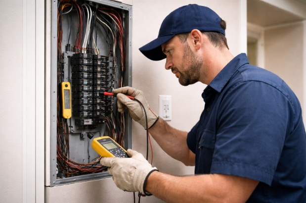 Electrical services inspection by licensed electrician checking wiring and panel in Humble, TX.