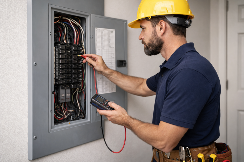Licensed electrical contractor inspecting a residential breaker panel in Texas.