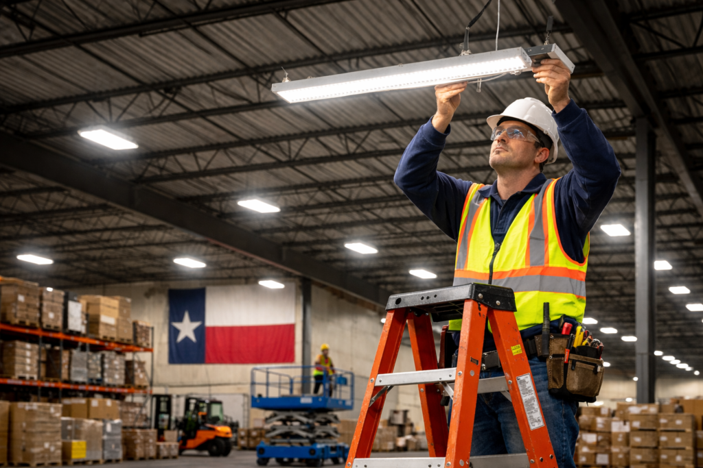 Commercial electrical contractor installing LED lighting in a Texas warehouse.
