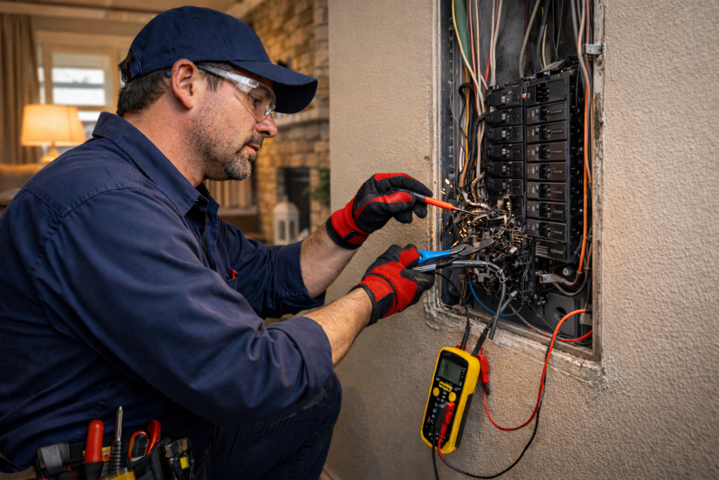 Emergency electrician repairing damaged circuit wiring inside Humble, TX home.
