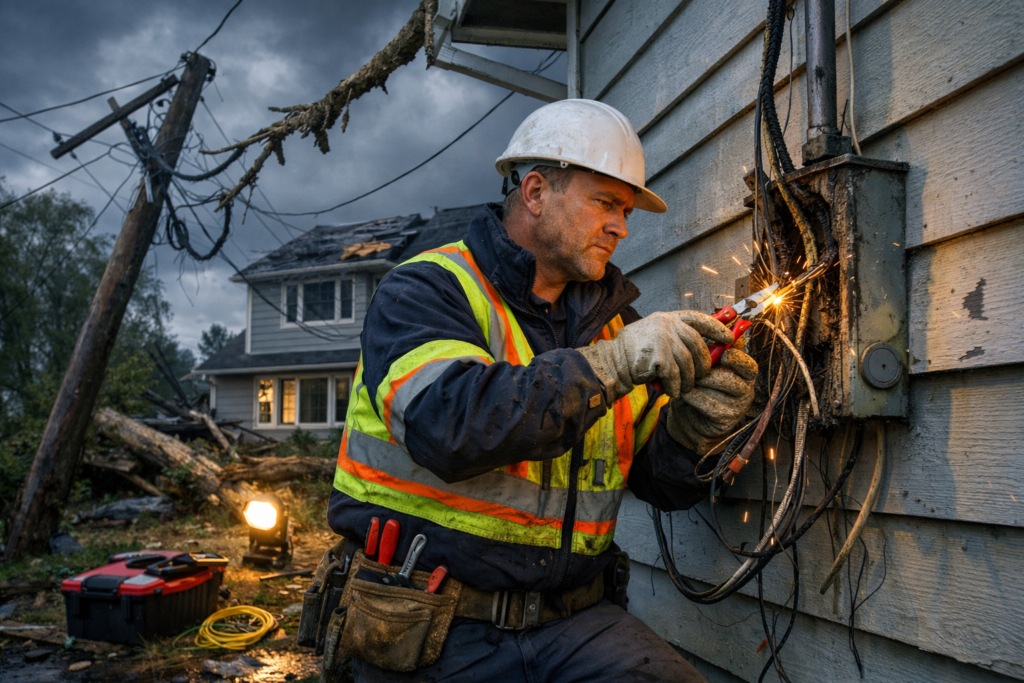 Emergency electrician repairing damaged exterior wiring after a storm in Humble, TX