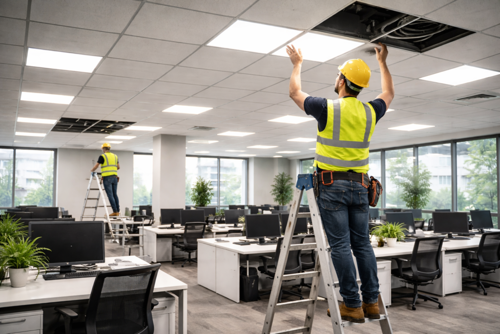 Commercial lighting installation in office workspace, improving visibility and employee productivity.
