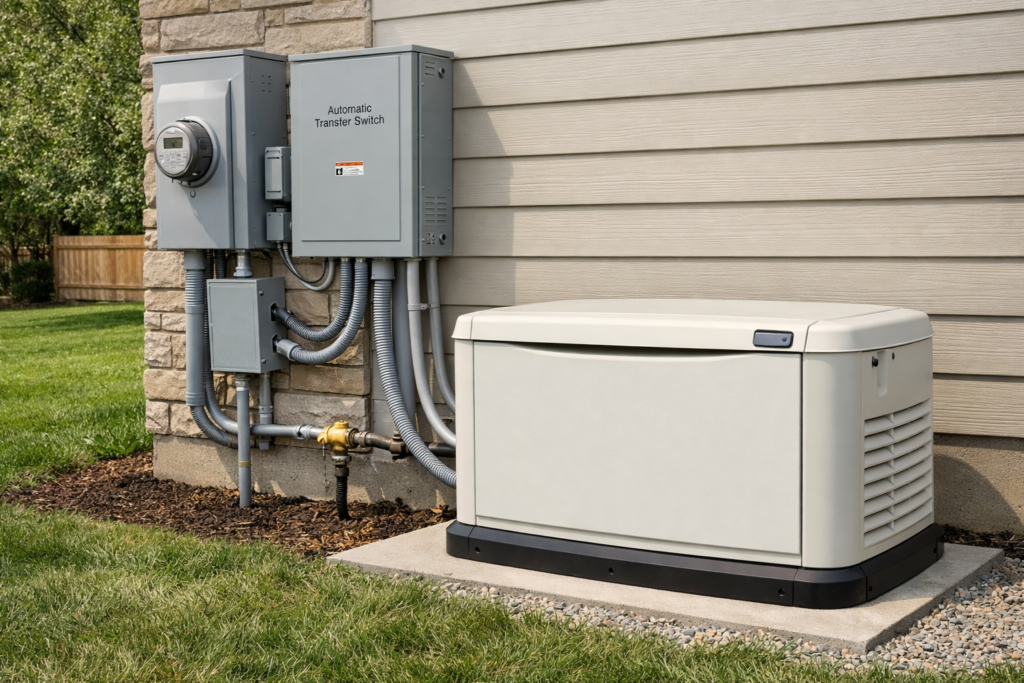Standby generator installed outside a home and connected to the electrical system in Humble, TX.