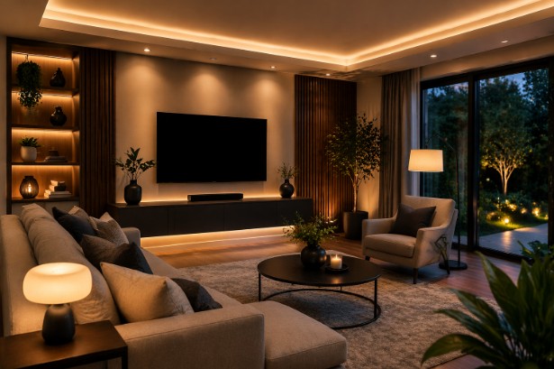 A residential lighting improving comfort and safety with layered lighting in a modern living room.