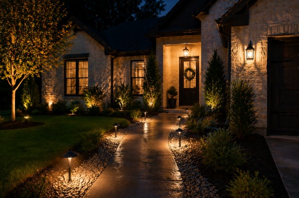 Outdoor residential lighting improving safety with a lit walkway and entryway at night.