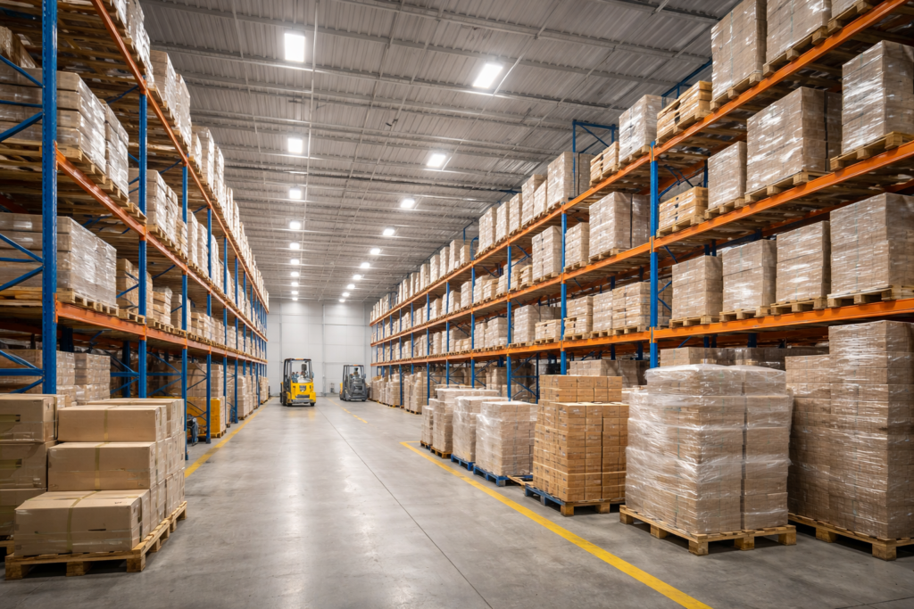 Commercial lighting LED fixtures installed in the warehouse, improving energy efficiency and workspace visibility.
