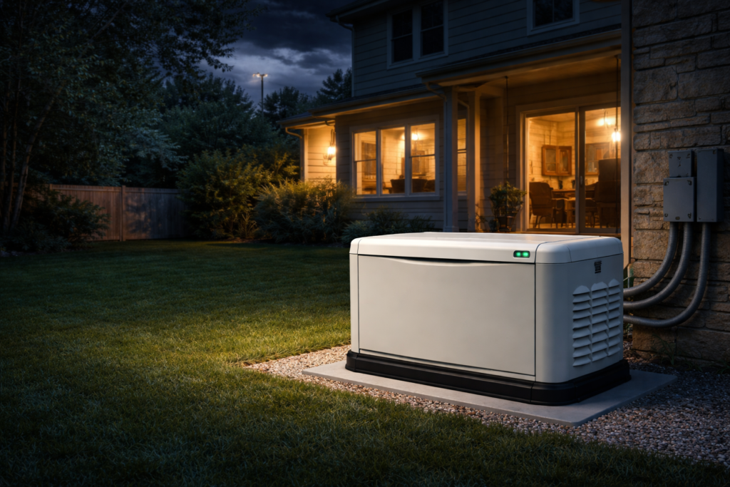 Backup generator powering the home during a power outage at night.