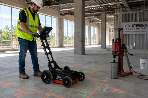 GPR testing technician scanning a concrete slab before core drilling in a commercial building