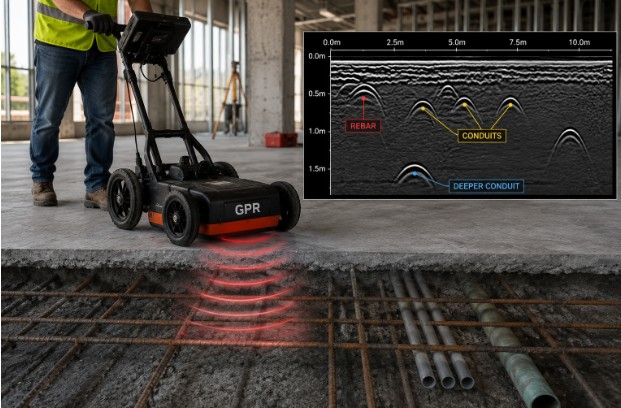 Ground Penetrating Radar equipment detecting conduits and rebar beneath the concrete surface